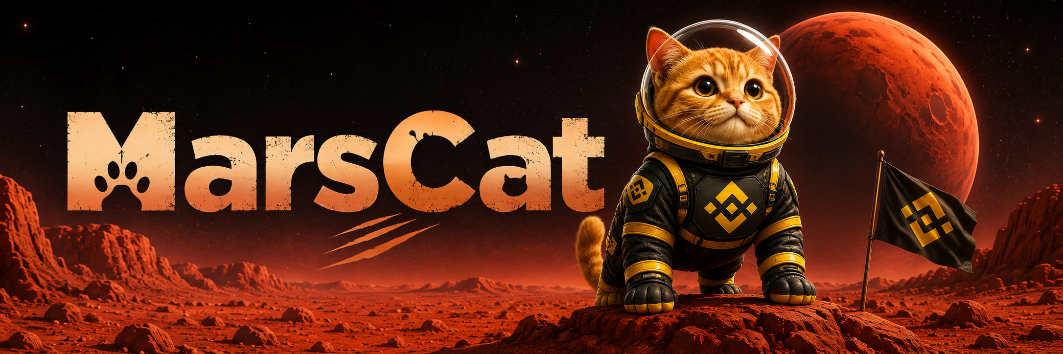 Cinematic MarsCat banner: the astronaut cat on Mars with a rocket launch and base in the distance
