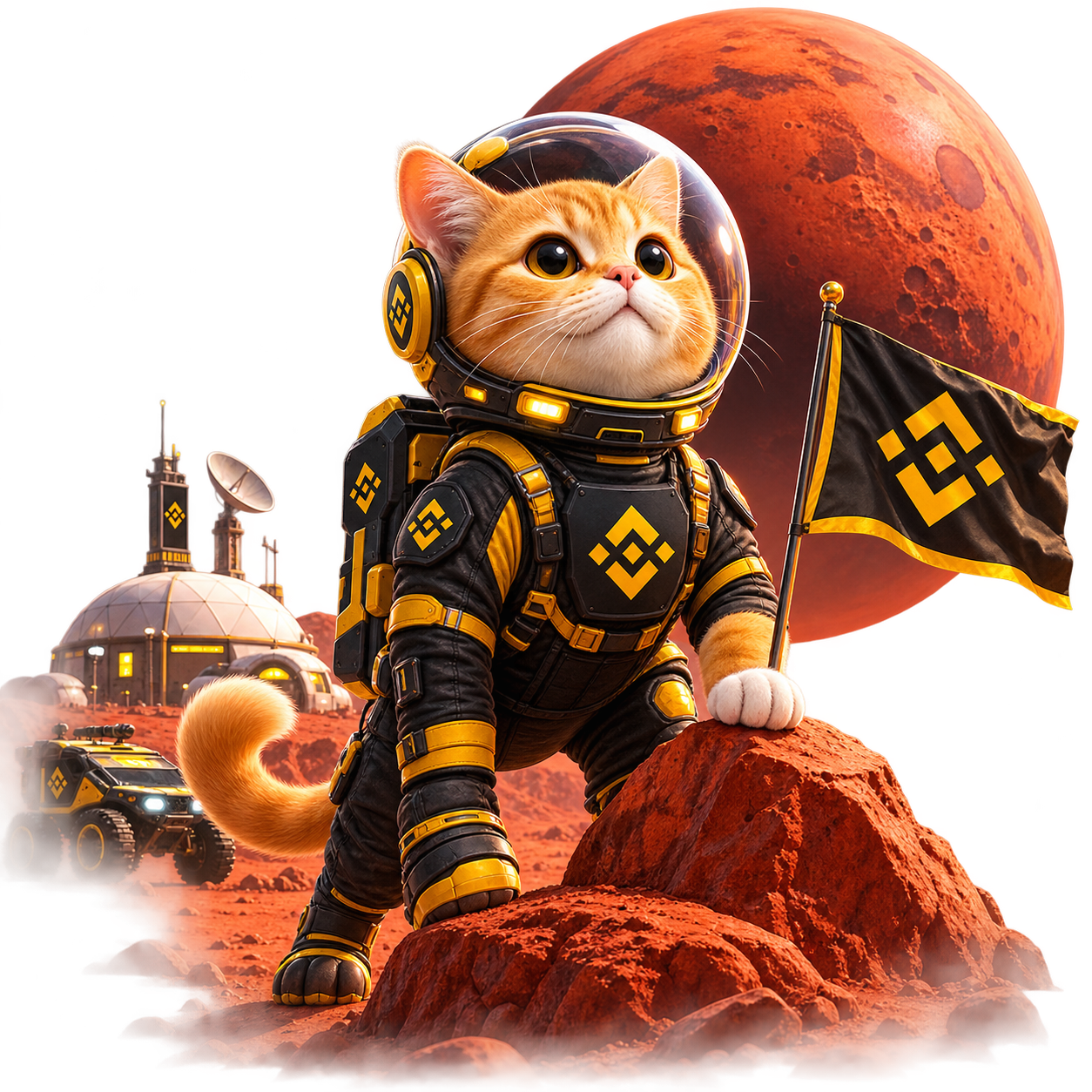 MarsCat, an orange tabby astronaut cat waving from a Martian rock